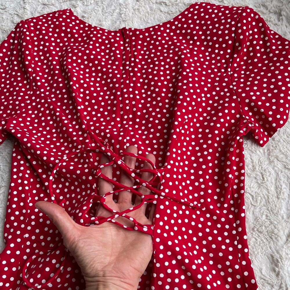 SOLD Vintage 90s red polka dot print midi maxi dress corset tie back Paris chic - Picture 7 of 16